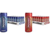 Boost Energy Drink, 250ml x 48 pack, (24 x Original & 24 x Red Berry) - Vegan Friendly Great Tasting Energy Boost, Only 50 kcals per can