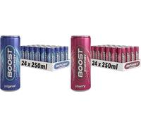 Boost Energy Drink, 250ml x 48 pack, (24 x Original and 24 x Cherry) - Vegan Friendly Great Tasting Energy Boost, Only 50 kcals per can