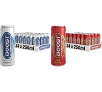 Boost Energy Drink, 250ml x 48 pack, (24 x Original Zero Sugar and 24 x Red Berry) - Vegan Friendly Great Tasting Energy Boost, Only 50 kcals per can