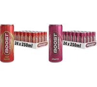 Boost Energy Drink, 250ml x 48 pack, (24 x Red Berry and 24 x Cherry) - Vegan Friendly Great Tasting Energy Boost, Only 50 kcals per can