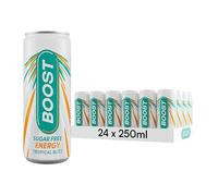 Boost Energy Drink Sugar Free Cans Tropical Flavour - 24 Pack Drinks with Caffeine, Taurine and Vitamin B | Carbonated Energy Drinks | Gluten Free Vegan Low Calorie Zero Sugar Fizzy Drinks | 24x250ml