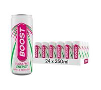 Boost Energy Drink Sugar Free Raspberry & Apple - 24 Pack Drinks with Caffeine, Taurine and Vitamin B | Carbonated Energy Drinks | Gluten Free Vegan Low Calorie Zero Sugar Fizzy Drinks | 24x250ml