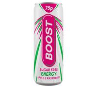 Boost Energy Drink Sugar Free Raspberry & Apple - 24 Pack Drinks with Caffeine, Taurine and Vitamin B | Carbonated Energy Drinks | Gluten Free Vegan Low Calorie Zero Sugar Fizzy Drinks | 24x250ml