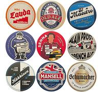 Boot & Ball F1 Legends Beer Mats for Home Pub - 9 Formula 1 Coasters - Traditional Pulp Board Bar Mat - Beer Gifts for Men - Made in the UK