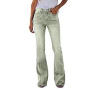 Bootcut Jeans for Women Trendy High Waisted Stretchy Flared Jeans Retro Distressed Bell Bottom Denim Trousers Casual Loose Spring Summer Smart Casual Denim Pants with Pockets,Light Green,L