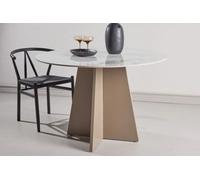 Bootcut Modern Round Dining Table For 4, 110Cm Sintered Stone Beige Marble Look Top With Unique Mdf Base, Scandinavian Style