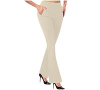 Bootleg Trousers for Women Elasticated Waist Pull On Casual Office Work Pants Ladies Straight Leg Bottoms with Pockets High Stretch Bootcut Flare Yoga Pants Beige