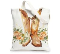 Boots Canvas Tote Bags, Rustic Country Floral Design Reusable Shopping Bags, Stylish Vintage Lightweight Washable Shoulder Bags for Travel Beach Picnic 13x15 Inch