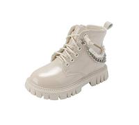 Boots For Girls Paux Leather Ankle Boots with Pearl, Kids Anti-Slip Booties Comfy Lightweight School Shoes Zipper Dress Boots Holiday Party Outdoor Footwear Beige Size UK 11.5