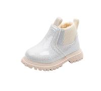 Boots for Kids Girls Thickened Fleece Lining Anti-Slip Leather Waterproof Shoes Durable Outdoor Glitter Sparkle Ankle Boots Comfortable Flat Soft Sole Breathable Warm Shoes White