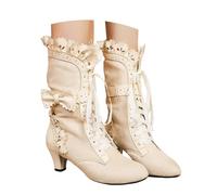 Boots for Women Casual Lace Up Renaissance Boots 70s Mid Heels Vintage Boots Halloween Cosplay Witch Shoes,Vintage Bow Ruffles Goth Boots Costume Retro Boots Halloween Mid Calf Boots