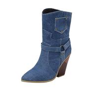 Boots for Women Cowboy Boots for Women Western Boot Pointed Toe Shoes Ladies Low Chunky Heel Shoes Short Ankle Booties (Blue, 4.5)