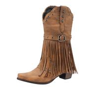 Boots for Women Cowgirl The States Autumn and Winter Tassel Women's Boots Western Boots Belt Buckle Tassel Mid Calf Boots Walking Boots Womens (Brown, 6)