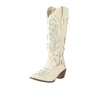 Boots for Women for Women Low Western Rhinestone Heel Boots High Knee Studded Embroidered Chunky Cowboy (White, 6)