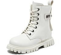 Boots for women, Lace Up Ankle Boots For Girls Leather Combat Riding Boots Side Zipper Punk Goth Lug Sole Ankle Booties With Metal Buckle Decor For Dressy Birthday Daily Causal 4-11 Years(Bianco,13.5)