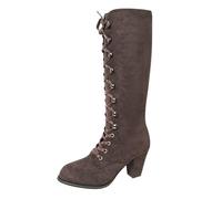 Boots for Women Lace Up Gothic Stylish Womens Faux Suede Mid-Calf Boots | Round Toe Block Chunky Heel Pull On Casual Booties Plain Color Fashion Comfortable Cowboy Booties for Autumn Winter