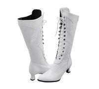 Boots for Women Leather Louis Calf Length Victorian Boots Steampunk Gothic Knee High Boots Vintage Lace Up Pointed Toe Low Cone Heel Boots Winter Fall UK White