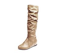 Boots for Women UK Fashion Womens Boots Retro Leather Boots Flat Bottomed Round Toe Boots Plus Size Boots with Long Sleeves and Boots Square Heel Embroidered Long Boots Casual Daily Shoes Beige