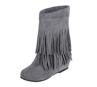 Boots For Women Uk Mid Calf Tassel Walking Boots Anti-Slip Round Toe Flat Booties Comfortable Thermal Autumn Winter Boot Easier On & Off Slip On Booties Dog Walking Hiking Trekking