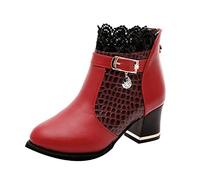 Boots for Women UK New Womens Boots British Style Boots Solid Color Short with Lace Ladies Fancy Dress Party Go Go Boots Casual Comfy Plus Size Short Boots with Thick Heels Ankle Boots for Women Red