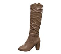Boots For Women Uk Ruched Knee High Boots Fashion Pu Leather Platforms Block Heel Stretchy High Heeled Boot Mid Calf Booties Zipper Block Heel Tall Dress Booties Winter Warm Riding Boot