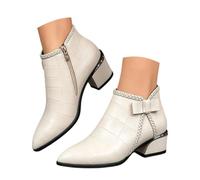 Boots for Women Waterproof Pointed Toe, Leather Boots Womens with Braided Bow Decor & Slim Block Heel, Splash Proof Outer Surface, Daily Styling, Casual Leisure and City Trip