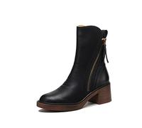 Boots For Women Women's Shoes In Autumn And Winter, Leather Women's Booties, Round Head Thick Heels, Zippered Boots, Thick Heels For Women (Color : Black, Size : 3.5)