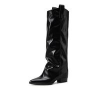 Boots for Women Wrinkle Leather Knee High Boots Pull on Slouchy Boots | Soft wrinkled leather upper,slightly pointed square toe,low block heel,slouchy wide shaft,for daily travel shopping casual