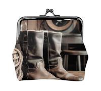 Boots in Front of Cask and Ropes Prints Coin Purse Kiss Lock Pu Leather Mini Pouch Wallet Change Bag for Women Girls Kids