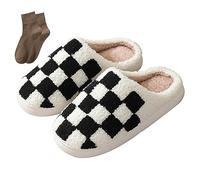 BOOUKILE Happy Face Slippers for Women Men Retro Soft Cosy Comfortable Plush Lightweight Slippers Indoor Outdoor Non-Slip Sole, Checkered Black, 6/7.5 UK