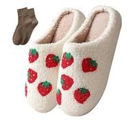 BOOUKILE Happy Face Slippers for Women Men Retro Soft Cosy Comfortable Plush Lightweight Slippers Indoor Outdoor Non-Slip Sole, strawberry, 40/42.5 EU