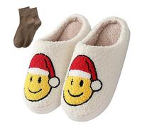 BOOUKILE Happy Face Slippers for Women Men Retro Soft Cosy Comfortable Plush Lightweight Slippers Indoor Outdoor Non-Slip Sole, Christmashat, 40/42.5 EU