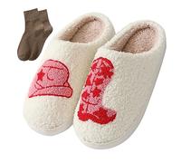 BOOUKILE Happy Face Slippers for Women Men Retro Soft Cosy Comfortable Plush Lightweight Slippers Indoor Outdoor Non-Slip Sole, cowboy hat, 4.5/6 UK