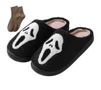 BOOUKILE Happy Face Slippers for Women Men Retro Soft Cosy Comfortable Plush Lightweight Slippers Indoor Outdoor Non-Slip Sole, Halloween Black, 4.5/6 UK