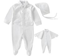 Booulfi 9-12 Months Boys Clothes 3 Pcs Cotton Long Sleeve Cross Embroidery 1st Birthday Outfit for Boys With Detachable Bowtie and Bonnet Christening Gift for Boy