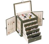 BOOVO Jewelry Box For women, 6 Layer Large Jewelry Organizer With Mirror, Multi-Function Storage Box With Lock, Accessory Holder With 5 Drawers, For Earrings Necklace Ring Bracelet (Army green)