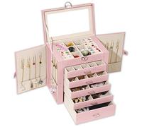 BOOVO Jewelry Box For women, 6 Layer Large Jewelry Organizer With Mirror, Multi-Function Storage Box With Lock, Accessory Holder With 5 Drawers, For Earrings Necklace Ring Bracelet (Pink)