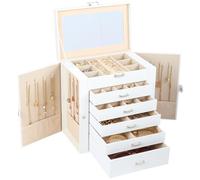 BOOVO Jewelry Box For women, 6 Layer Large Jewelry Organizer With Mirror, Multi-Function Storage Box With Lock, Necklace Holder With 5 Drawers, For Earrings Necklace Bracelet (Silver and White)