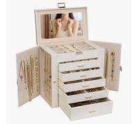 BOOVO Jewelry Box For women, 6 Layer Large Jewelry Organizer With Mirror, Multi-Function Storage Box With Lock, Necklace Holder With 5 Drawers, For Earrings Necklace Bracelet (Pearl White and Gold)