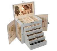BOOVO Jewelry Box For women, 6 Layer Large Jewelry Organizer With Mirror, Multi-Function Storage Box With Lock, Necklace Holder With 5 Drawers, For Earrings Necklace Bracelet (Silver and Grey)