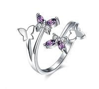 Boowhol Women's Ring 925 Sterling Silver Rose Gold Partner Rings Amethyst Zirconia Flying Four Butterfly Opening Silver Ring Eternal Ring Band Ring, Silver, Cubic Zirconia