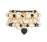 BOOZIQ 5Pairs Pearl Heart Bracelets for Women Bohemian Stackable Beaded Bracelets Pearl Heart Stretch Bracelet Set Brown Bracelet Jewelry Friendship Valentines Mother's Day Jewelry Gifts for Women, L