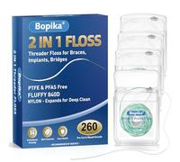 Bopika 2-in-1 Threader Floss for Braces Bridges and Implants, Expanding Fluffy Dental Floss for Wide Spaces, Light Mint Pre-Sized Segments, 260 Count (4 Packs of 65)