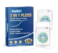 Bopika 2-in-1 Threader Floss for Braces, Implants, Bridges & Wide Spaces - Fluffy 840D Nylon Pre-Cut Dental Floss Strands for Deep Cleaning, Fresh Mint Scent - 130 Count (2 Packs of 65)
