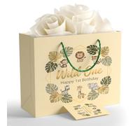 BOPLYBAY Complete Wild One 1st Birthday Gift Bag Set 13" with Greeting Card & 5 Tissue Papers, Large Jungle Safari Party Favor Present Bag for Boys First Birthday Decorations