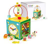 boppi 5 in 1 Large Wooden Activity Cube 2-Way Bead Maze Roller Coaster Sensory Baby Toy with Abacus Clock Animal Shape Sorter and Slider Multifunction Educational Play Box 2 Years and Up