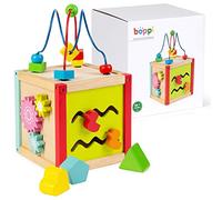 boppi 5-In-1 Small Wooden Activity Cube | 2-Way Bead Maze Roller Coaster Sensory Baby Toy with Abacus Clock Animal Shape Sorter & Slider | Multifunction Educational Toys Play Box 2 Years and Up