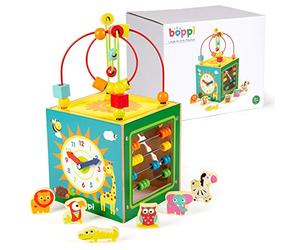 boppi 5-in-1 Wooden Activity Cube for Children Aged 1-5 Years - Montessori Learning Toy with Bead Maze, Shape Sorter, Abacus & Clock - Educational Gift for Toddlers & Preschoolers