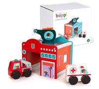 boppi Wooden Toy Emergency Rescue Centre Building Playset | Toys with Ambulance Fire Engine and Helicopter | Play Accessory Vehicles for 3 Years and Up
