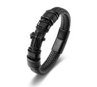 BOPREINA Mens Black Leather Cross Bracelet Stainless Steel Braided Black Leather Cross Faith Cuff Bangle Religious Bracelet 8.5 Inch
